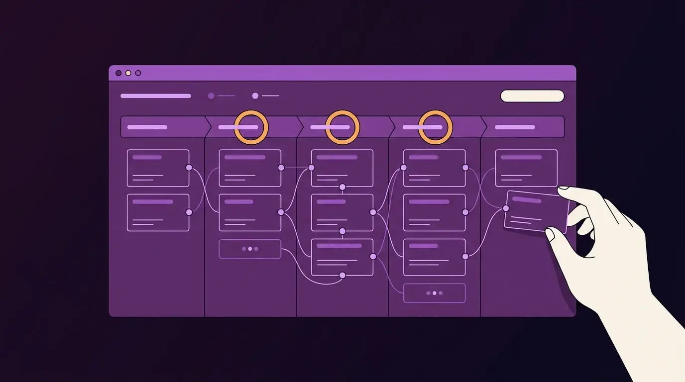 Ilustração editorial: dashboard roxo de CRM B2B com estágios de pipeline em cartões conectados, marcadores laranja destacando contas em progresso e silhueta humana ajustando uma carta, sobre fundo roxo profundo.