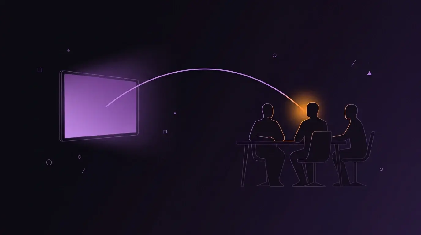 Ilustração editorial: uma tela flutuante em fundo roxo profundo emite um arco fino em direção a três silhuetas que compõem um comitê de compra, com um destaque laranja marcando o ponto exato em que a mensagem chega — representando o webinar B2B como toque coletivo no momento certo da jornada.