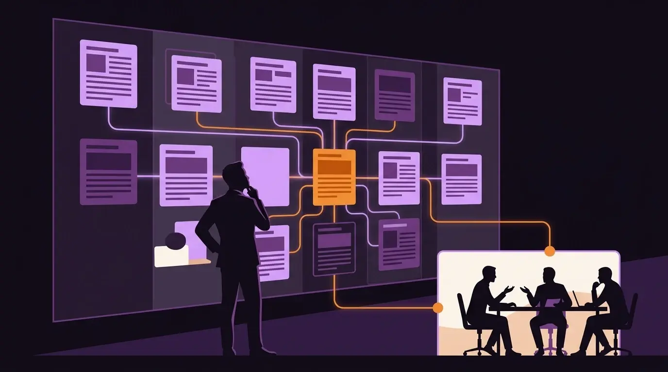 Ilustração editorial: uma arquiteta de conteúdo organiza blocos modulares de artigos, estudos e páginas pilares que se conectam a um comitê de compra B2B numa sala de reunião ao fundo, sobre fundo roxo profundo com destaques laranja.