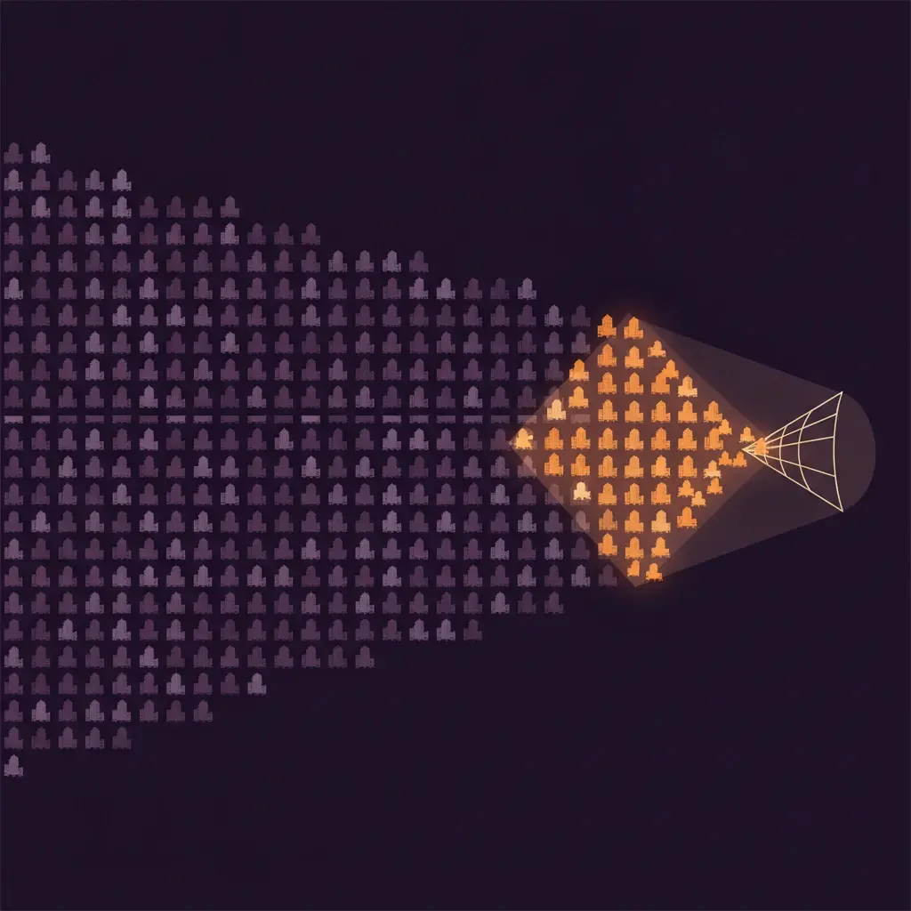 Ilustração editorial: mercado B2B representado como um público amplo em cinza (95%) com um pequeno grupo destacado em roxo (5%) em direção a um funil, sugerindo geração de demanda como trabalho anterior à geração de leads.