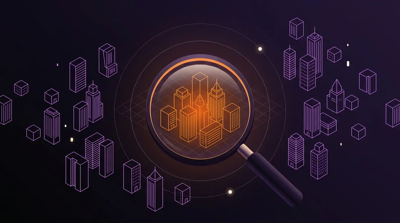 Ilustração editorial em roxo profundo mostrando uma lupa iluminando um cluster de empresas dentro de uma constelação maior, representando a escolha estratégica do cliente ideal (ICP) no marketing B2B.