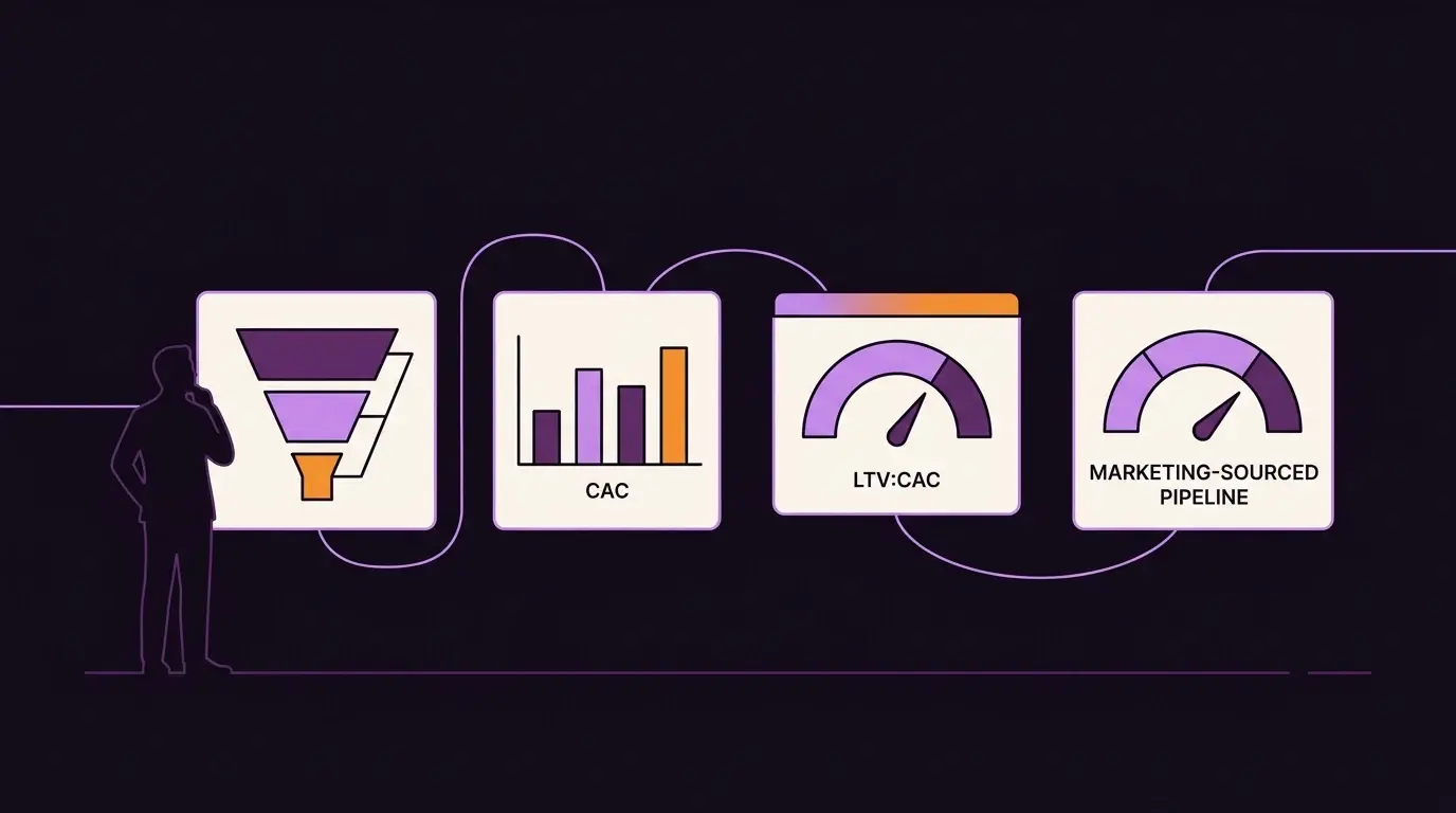 Ilustração editorial: dashboard de marketing B2B com poucos indicadores em destaque (CAC, LTV, pipeline, receita) e caixas apagadas de métricas de vaidade ao fundo.