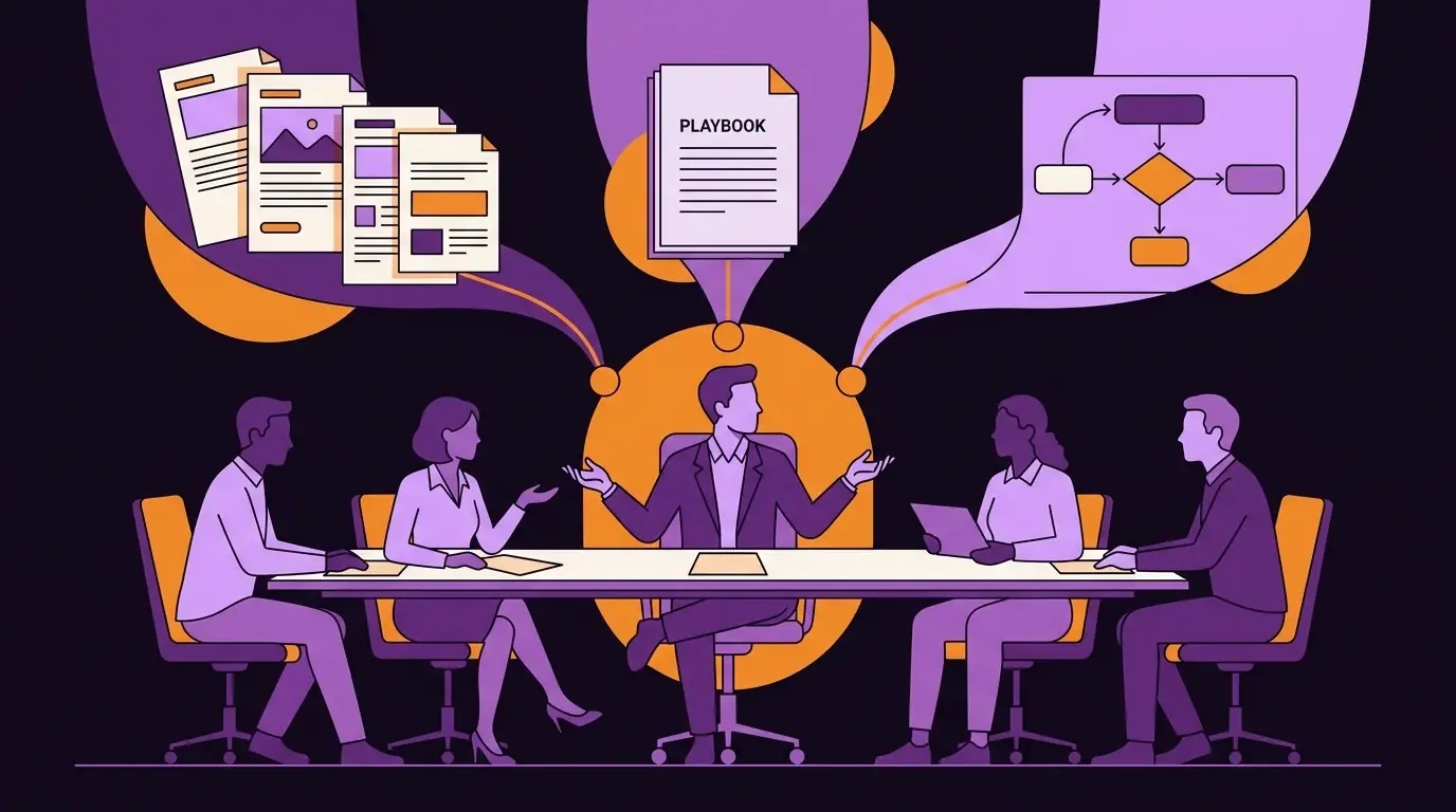 Ilustração editorial: comercial B2B recebendo repertório, conteúdo e processo de sales enablement para orquestrar conversas com o comitê de compra.