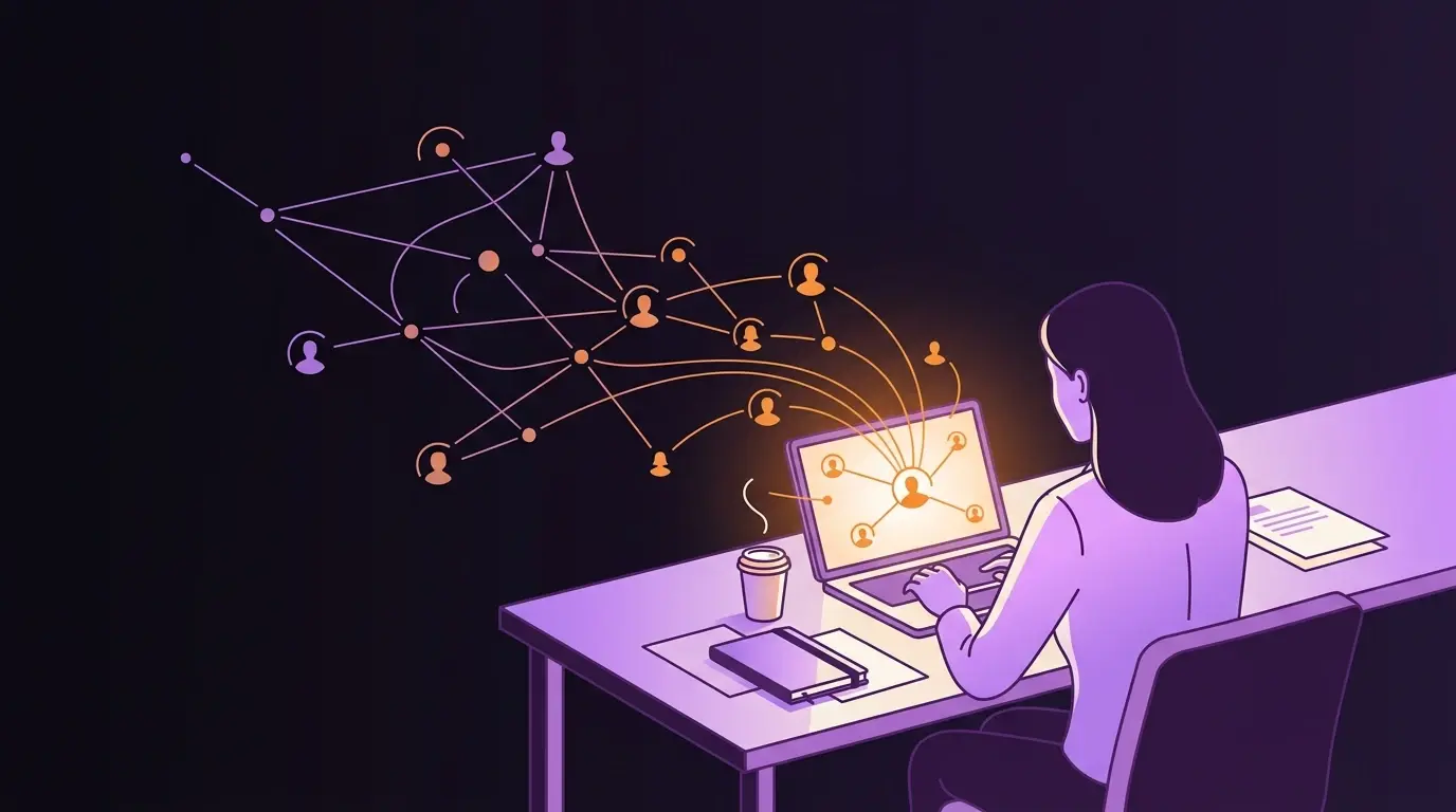 Ilustração editorial: silhueta de executiva B2B observando um feed vertical de posts, mensagens e análises de mercado que formam um arco em direção a um pequeno comitê de compra ao lado, sobre fundo roxo profundo com um destaque laranja no ponto exato de entrada no shortlist.