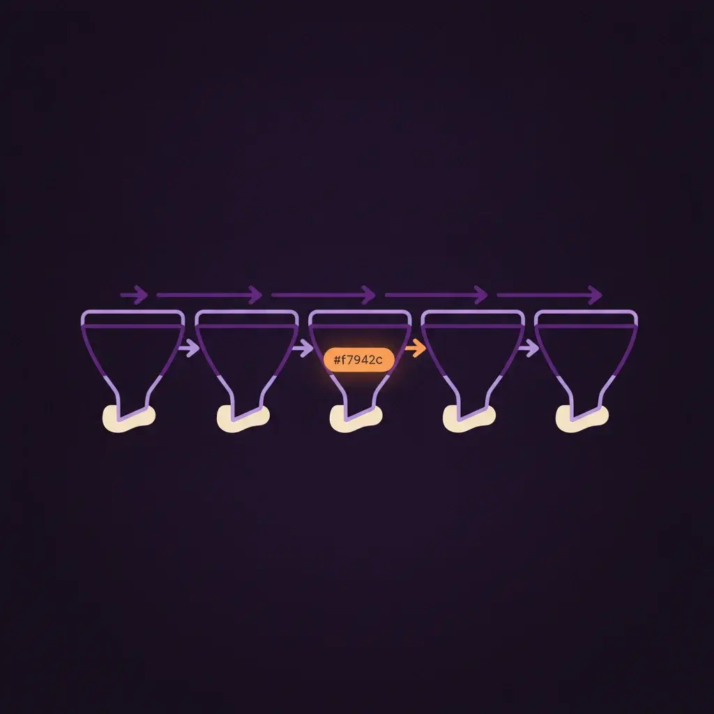 Ilustração editorial: um funil segmentado em estágios (visitante, lead, MQL, SQL, oportunidade, cliente), com setas curtas destacando a passagem entre estágios em roxo e um destaque em laranja no gargalo MQL → SQL — representando a taxa de conversão B2B medida por etapa.