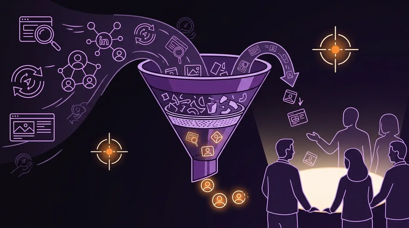 Ilustração editorial: canais de tráfego pago B2B convergindo em uma jornada de compra por comitê, com filtros de qualificação separando lead-alvo de ruído.