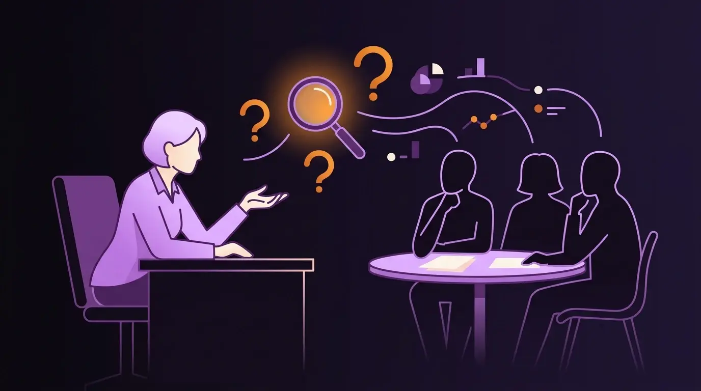Ilustração editorial em paleta roxo-berinjela e laranja: uma consultora à esquerda e um pequeno comitê de compra B2B à direita, com formas de diagnóstico (lupa, arcos de pergunta, pontos de dado) flutuando entre eles — representando a fase de diagnóstico de uma venda consultiva antes de qualquer proposta
