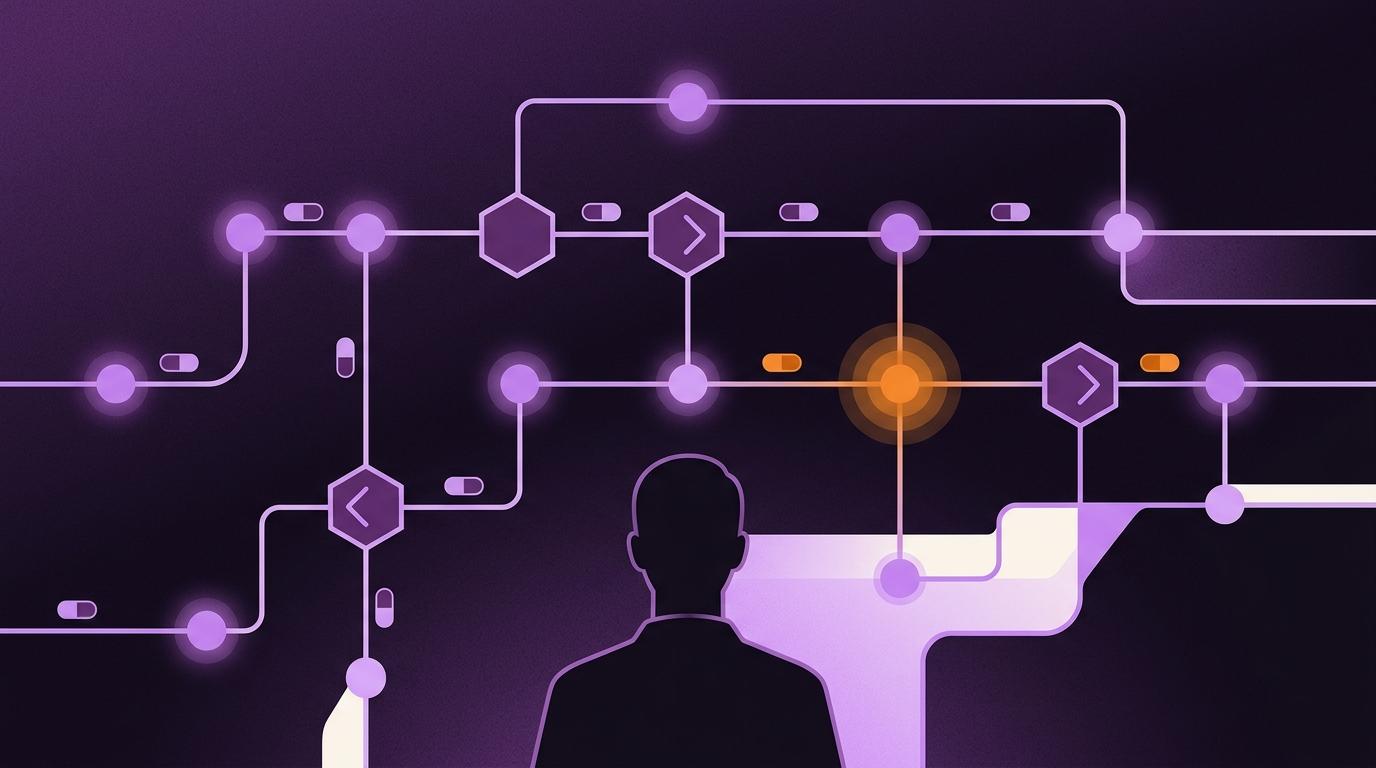 Ilustração editorial: fluxos de automação de marketing B2B com nós conectando etapas da jornada de compra.